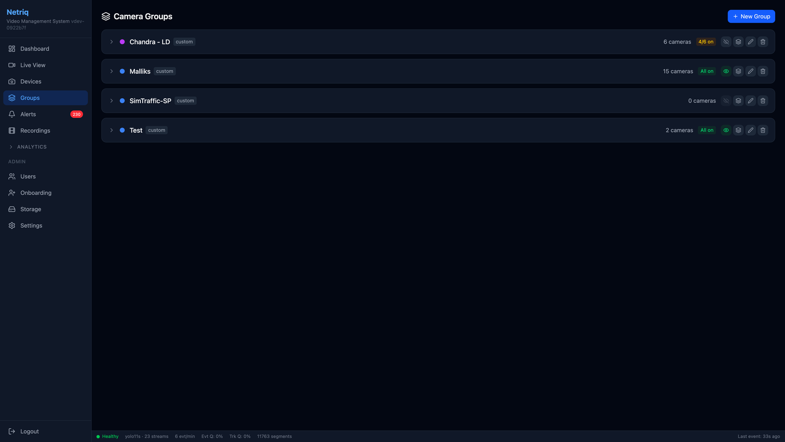 Camera groups with per-group toggles